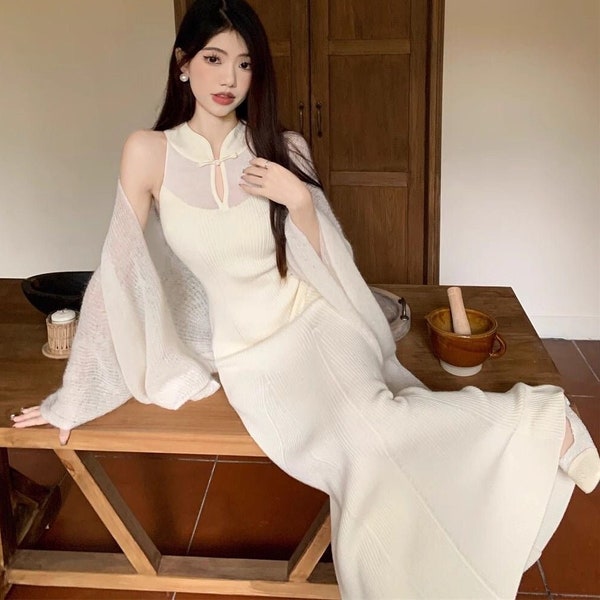 Wool Knit stretch thicc white Qipao dress | hyper stretchy XXS to plus size XXXXL suitable winter mandarin Princess warm Christmas New year