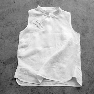 Mandarin Top | White Ramie (Linen) | sleeveless Oversize shirt with knot buttons