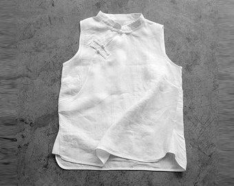 Mandarin Top | White Ramie (Linen) | sleeveless Oversize shirt with knot buttons