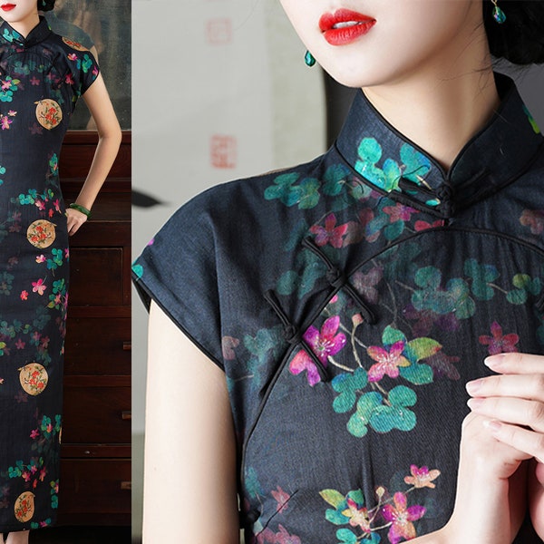 Robe Qipao des années 1920 [sur mesure] | Reliures de boutons de noeud | Lin Coton | Turquoise Magenta rose floral noir marine foncé | Cheongsam authentique