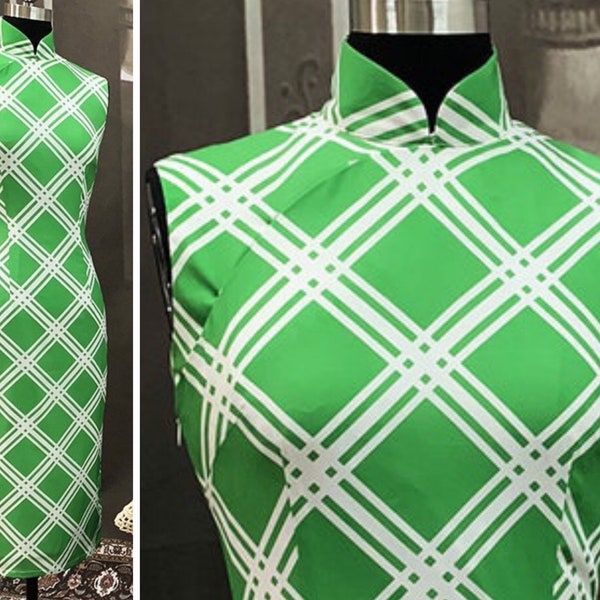 Abito Cheongsam (anni '60) / Quadro diagonale bianco su chiffon verde erba [ In the Mood for Love 花樣年華 / Ispirazione storica ]