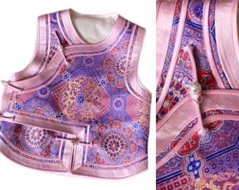 Mongolian Vest [Tailor-Made] | Purple pastel jacquard brocade Pink triple binding  | Embellish Top
