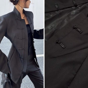 Mandarin Blazer | little Black matte timeless jacket | shoulder pads cheongsam qipao collar knot buttons fully lined