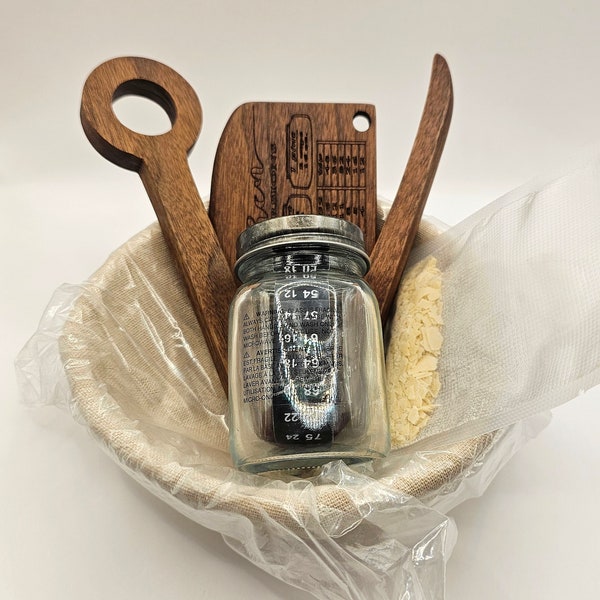 Sourdough Starter Kit for Kids - made of Walnut with Stirring Stick, Whisk, Cutter, proof basket, Jar, and 10 grams of dry Sourdough starter