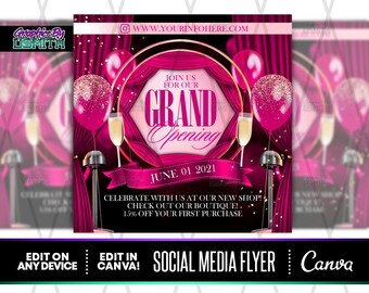 Pink Carpet Grand Opening Flyer Template, DIY Social Media (Canva, 7x7 inch, Digital Download)