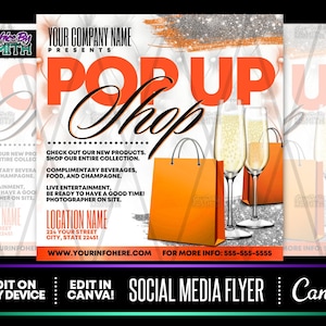 DIY Pop Up Shop Orange Flyer, Canva Template, Premade Templates, Social Media Flyer, Instagram Flyer, Premade Flyer, Sip And Shop Template