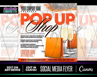 DIY Pop Up Shop Orange Flyer, Canva Vorlage, vorgefertigte Vorlagen, Social Media Flyer, Instagram Flyer, vorgefertigte Flyer, Sip And Shop Vorlage