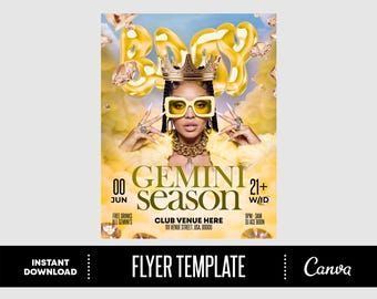 Bday Flyer Gemini Template, Canva Social Media Flyer, Digital Download, Birthday Invitation