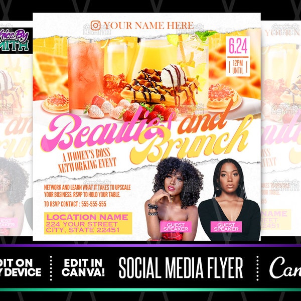 Beauties and Brunch Canva Template, Brunch Party Flyer, Premade Brunch Template, Social Media Brunch Flyer, DIY Brunch Canva Flyer, Brunch