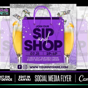 Sip And Shop Purple Flyer, Canva Template, Premade Templates, Social Media Flyer, Instagram Flyer, Premade Flyer, Pop Up Shop Template