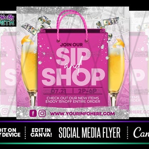DIY Sip and Shop Pink Canva Template, Premade Templates, Social Media Flyer, Instagram Flyer, Premade Flyer, Sip And Shop Flyer, Shop Now