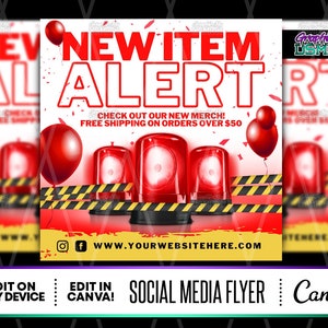 DIY 新商品アラート レッド Canva テンプレート、既成のチラシ、ソーシャル メディア チラシ、Instagram チラシ、新着テンプレート、カートに追加チラシ