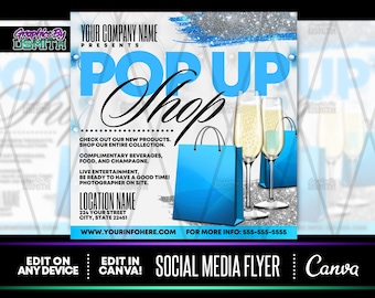 DIY Pop Up Shop Blaue Canva Vorlage, vorgefertigte Vorlagen, Social Media Flyer, Instagram Flyer, vorgefertigte Flyer, Sip and Shop Flyer