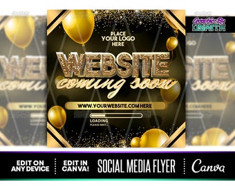 Gold Website Coming Soon Flyer, Canva Template (7x7in) (Digital Download)