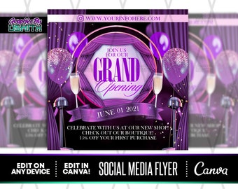 Grand Opening Flyer Template, Purple Carpet Event (Canva, 7x7 inch)