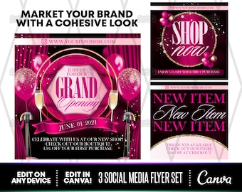 Grand Opening Social Media Flyer Templates, Pink Carpet Design (Canva, Digital Download)