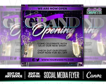 Grand Opening Social Media Flyer, Purple Carpet Design (Canva Template)