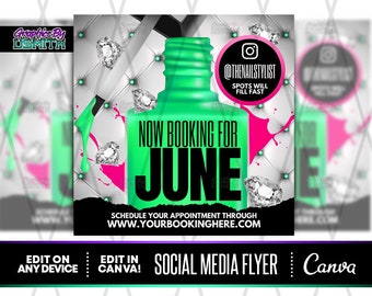 Nails Neon Booking Canva Templates, Premade Templates, Social Media Flyer, Instagram Flyer, Premade Flyer, Nail Tech Flyer, Nail Service