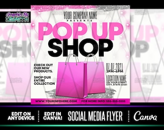 DIY Pop Up Shop Pink Flyer, Canva Template (Digital Download)