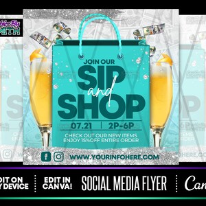 Sip And Shop Turquoise Flyer, Canva Template, Premade Templates, Social Media Flyer, Instagram Flyer, Premade Flyer, Pop Up Shop Template