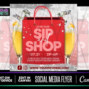 DIY Sip And Shop Red Flyer, Szablon Canva, Gotowe szablony, Ulotka do mediów społecznościowych, Ulotka na Instagram, Gotowa ulotka, Szablon sklepu pop-up