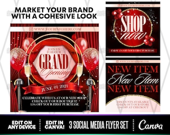 Grand Opening Red Carpet Flyer Template Set (Canva Editable, Digital Download)