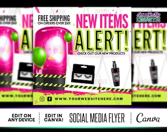 Pink New Item Alert Flyer Template, Social Media, Canva (Digital Download)