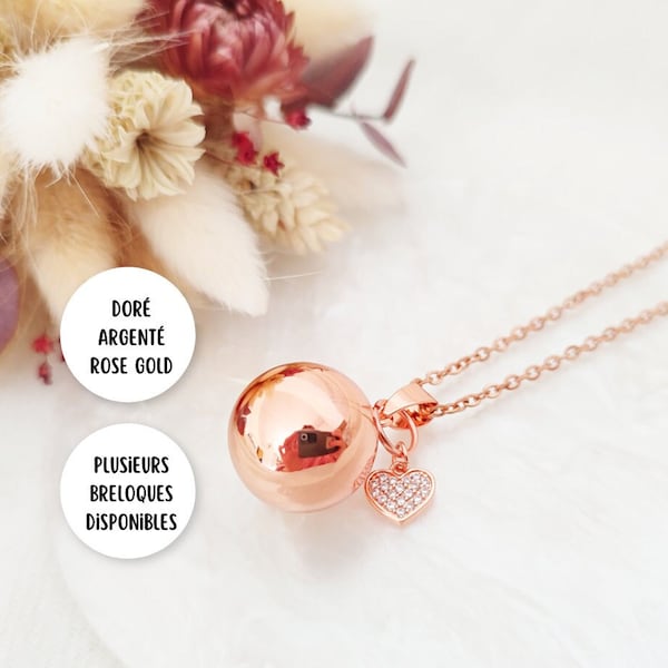 Bola de grossesse minimaliste rose gold, argent ou or avec breloque coeur zircon. Idée cadeau pour femme enceinte. Collier pour future maman