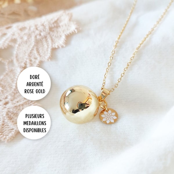 Bola de grossesse or, rose gold ou argent avec médaillon ou perle de nacre et symbole mandala fleur. Cadeau pour femme enceinte
