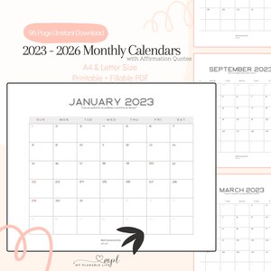 2023-2026 Monatskalender Querformat, druckbare Kalendervorlage, Affirmationen, Positivität, Jahreskalender, Sonntag Start, A4 / Letter