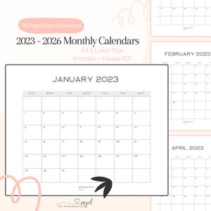 2023-2026 Monthly Calendars Landscape, Printable Calendar Template, Minimalist Calendar, Year Calendar, Sunday Start, A4/Letter