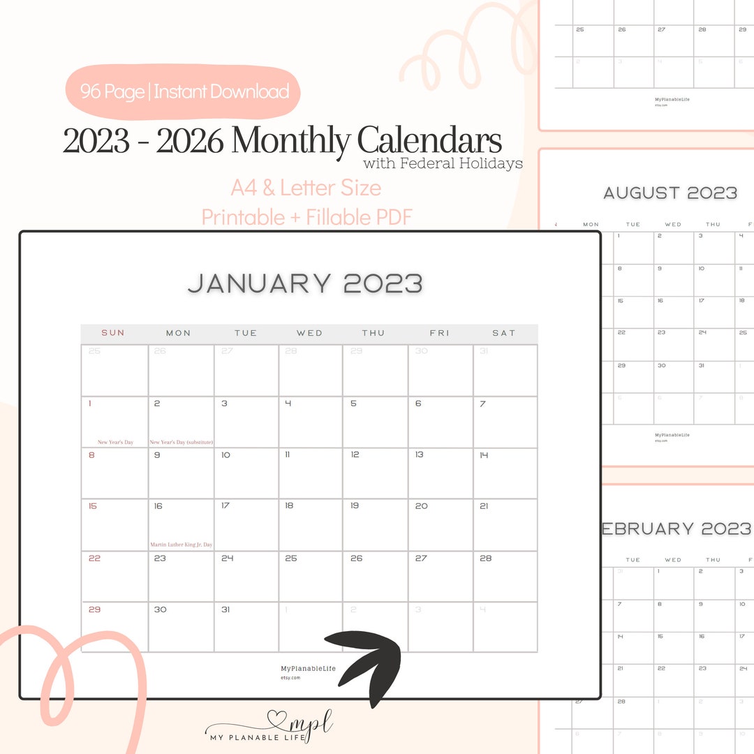 2023-2026-monthly-calendars-landscape-printable-calendar-template-federal-holidays-year-calendar-sunday-start-a4-letter-etsy