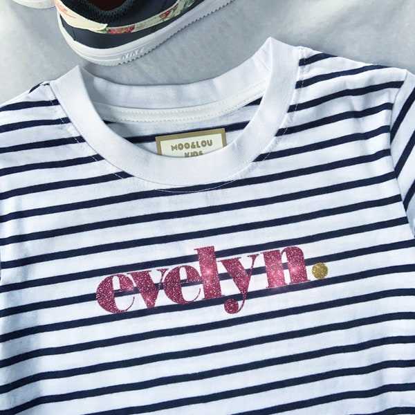 Personalised ~ kids T-shirt ~ pink and gold ~ kids wear~ Breton stripe ~ glitter.