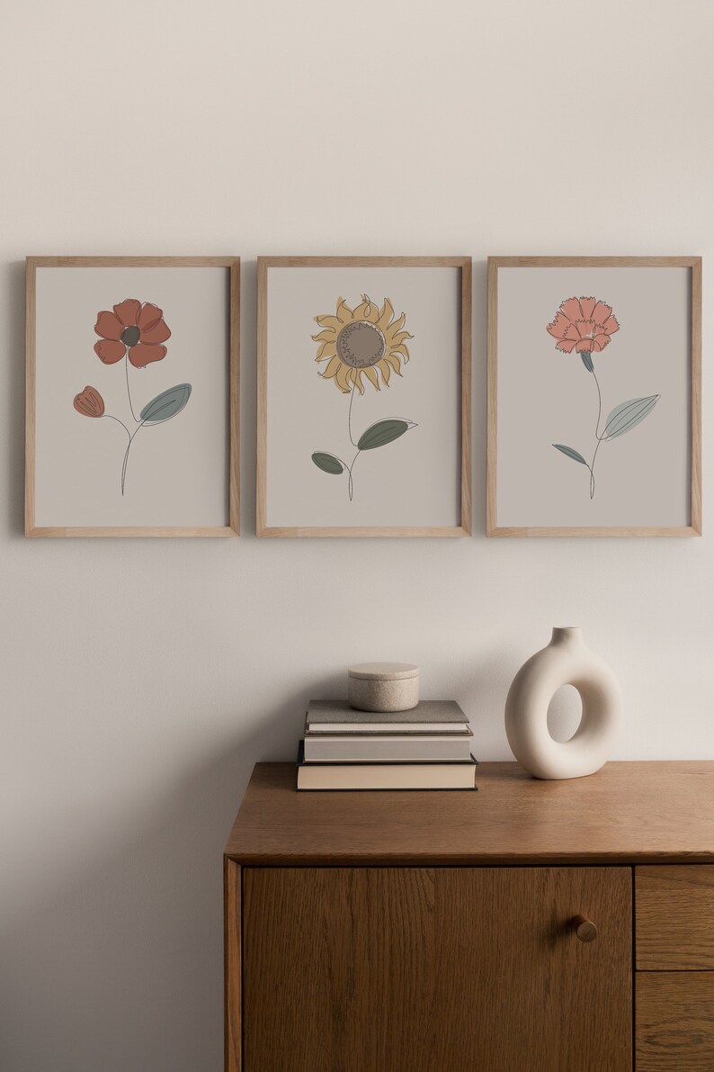 Set of 3 Wall Art Flowers Printable Art Modern Flowers Etsy