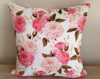 Housse de coussin Shabby Chic, Housse d’oreiller, Taie d’oreiller, 18x18, 45x45, Blanc et rose, Style cottage / champêtre, Roses, Fleurs, Oreiller en coton Sham