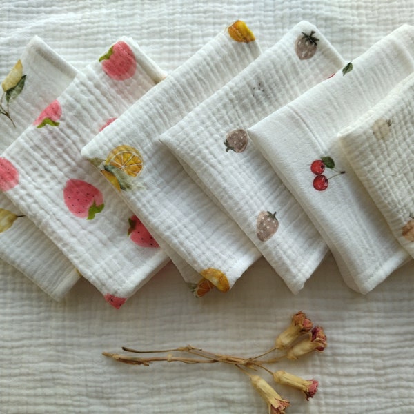 Organic Muslin Handkerchiefs, Extra Soft Double Gauze Fruits Hankies, Eco Friendly Cotton Tissues, Zero Waste/ Reusable, Handmade Product