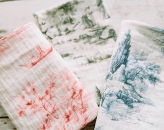 Toile de Jouy Hankerchiefs, Muslin Cotton Handkerchief, Reusable Washcloths / Hankies