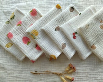 Organic Muslin Handkerchiefs, Extra Soft Double Gauze Fruits Hankies, Eco Friendly Cotton Tissues, Zero Waste/ Reusable, Handmade Product