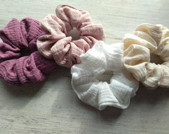 Muslin Scrunchies, Scrunchie de algodón orgánico, Set Scrunchy, Scrunchies para el cabello de colores lisos, Regalo para niñas / mujeres