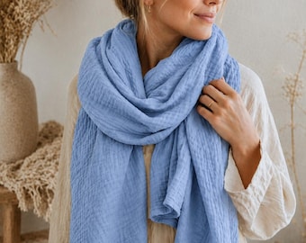 Muslin Women Scarf in Blue, Woman Lightweight Cotton Double Gauze Shawl / Soft Bandana