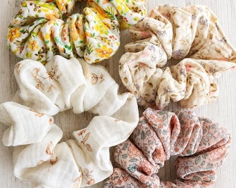 Floral Muslin Cotton Scrunchies, Soft Eco-Friendly Hair Ties