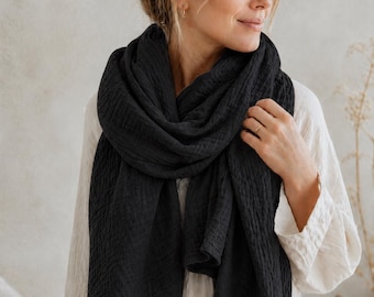 Black Organic Muslin Scarf, Extra Soft Double Gauze Cotton Shawl for All Seasons