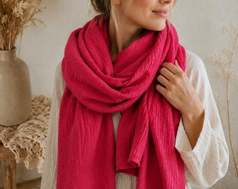 Organic Double Gauze Scarf for Women, Fuchsia Lightweight Cotton Muslin Scarves, Extra Soft Shawl