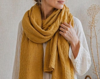 Green Women Scarf, Cotton Muslin Scarves, Lightweight Shawl / Yellow Colors