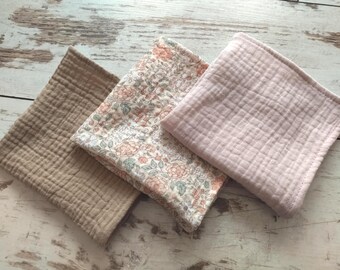 Muslin Handkerchiefs, Set of 3 Soft Double Gauze Hankies, Retro Handkerchief, Eco Friendly Cotton Tissues, Zero Waste/ Reusable, Cottagecore