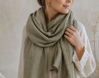Khaki Organic Muslin Scarf, Extra Soft Double Gauze Shawl / All Seasons