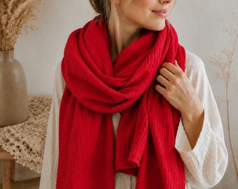 Ladies Muslin Scarf, Woman Lightweight Cotton Gauze Scarves, Extra Soft Bandana in Red