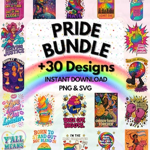 Może przedstawiać: Grafika Pride Bundle z ponad 30 wzorami, zawierająca teksty takie jak "Pride Bundle", "Love Wins" i "Queer AF". Projekty zawierają tęcze, symbole LGBTQ+ i frazy, wszystko w żywych kolorach. Natychmiastowe pobieranie dostępne w formatach PNG i SVG.