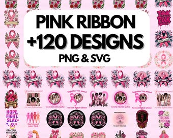 Breast Cancer SVG PNG Bundle | 120+ Pink Ribbon Awareness Designs | Warrior Hope Faith Survivor Clipart for Sublimation & Cricut