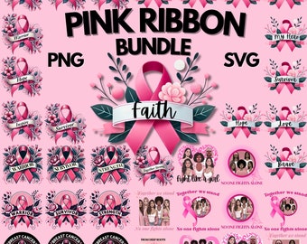 Pink Ribbon SVG PNG Bundle | Breast Cancer Awareness Clipart | Inspirational Ribbon Designs for T-Shirts Mugs & Sublimation